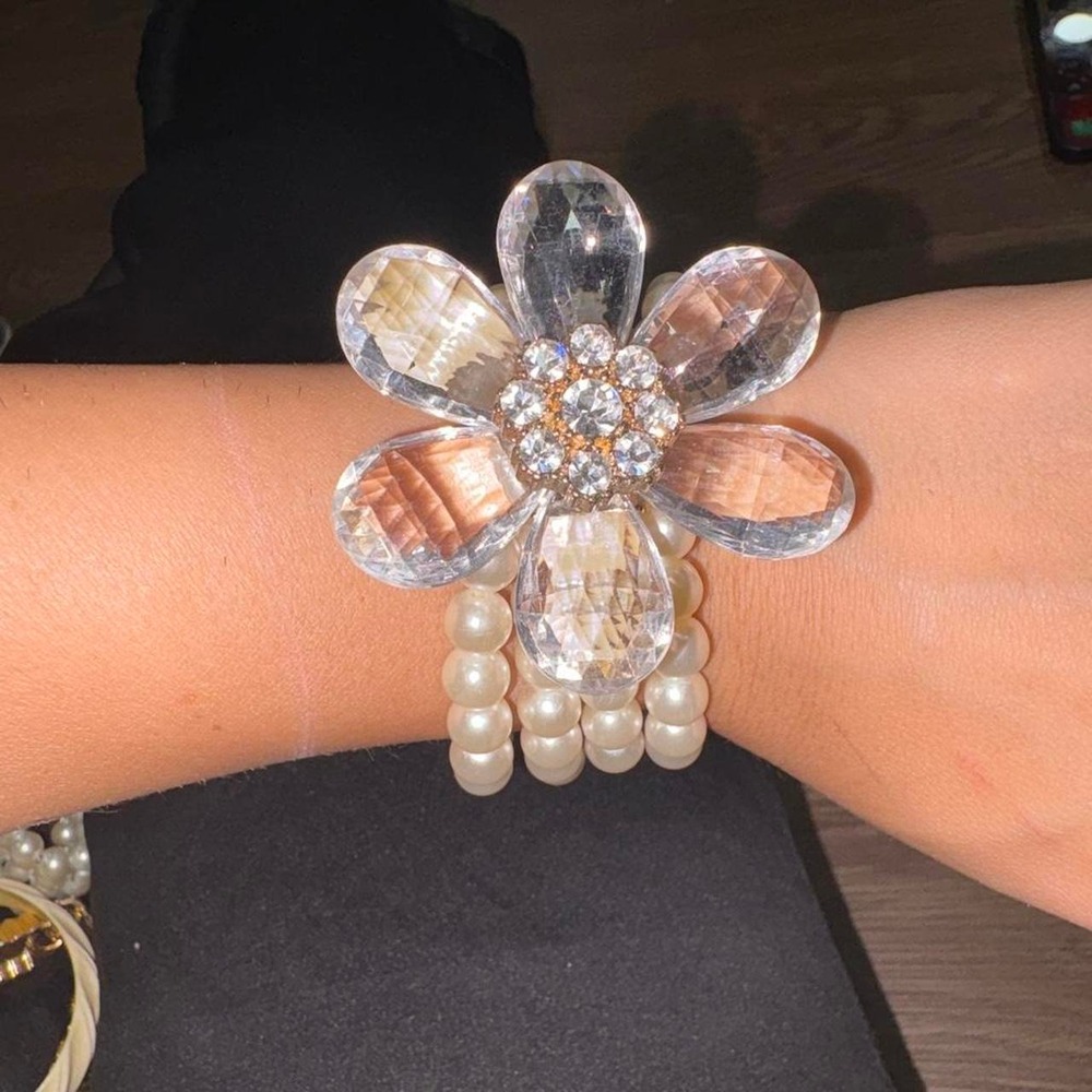 3 tier pearl with crystal flower bracelet